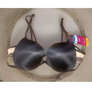 NWT Wonderbra Elegant Black and Cream Bra Push Up Plunging Neckline 36A